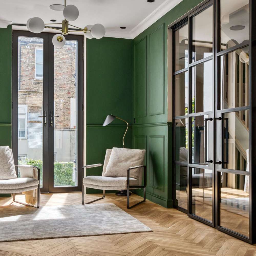 crittall style black sliding door in green room